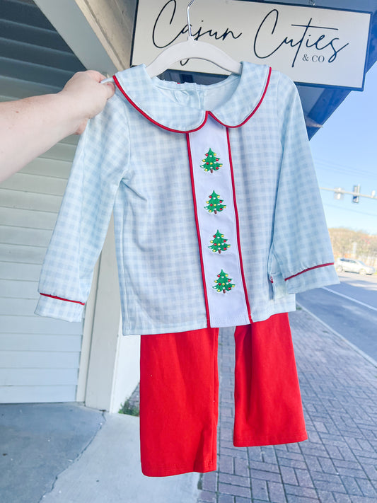 Classic Holiday Ensemble: Blue & White Plaid Shirt with Peter Pan Collar & Red Pants