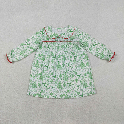 Sibling Baby Girls Long Ruffle Sleeve Snowmen Deer Christmas Knee Length Dresses