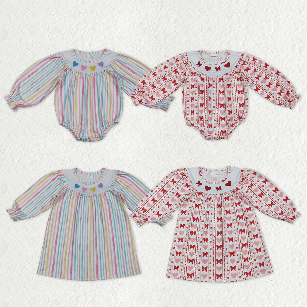 Sibling Baby Girls Embroidery Hearts Bows Ruffle Sleeves Valentines Knee Length Dresses Rompers