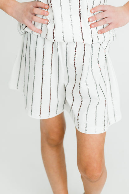 Maroon and Silver Sequin Striped Shorts