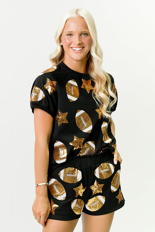 Women's Sequin Football Top - Black & Gold