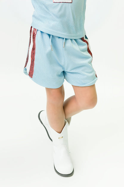 Light Blue and Red Sequin Shorts