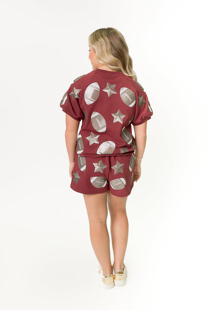 Women's Sequin Football Shorts - Maroon