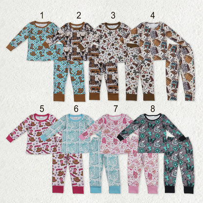 Sibling Baby Boys Girls Long Sleeve Bull Skulls Boots Hats Top Pants Western Pajamas Sets