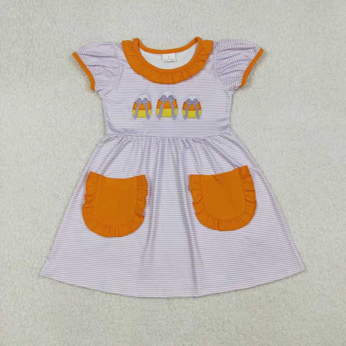 Sibling Baby Girls Embroidery Bows Candy Stripe Pockets Halloween Knee Length Dresses Rompers