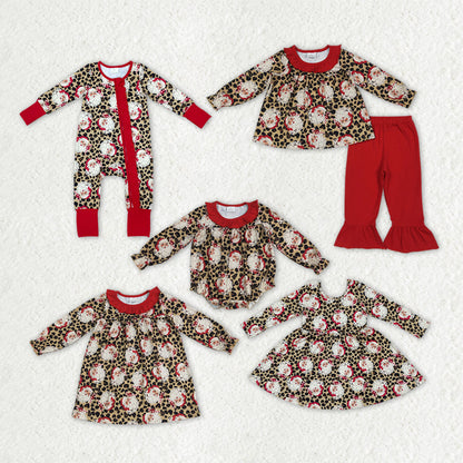 Sibling Baby Girls Christmas Leopard Santa Rompers Dresses Outfits