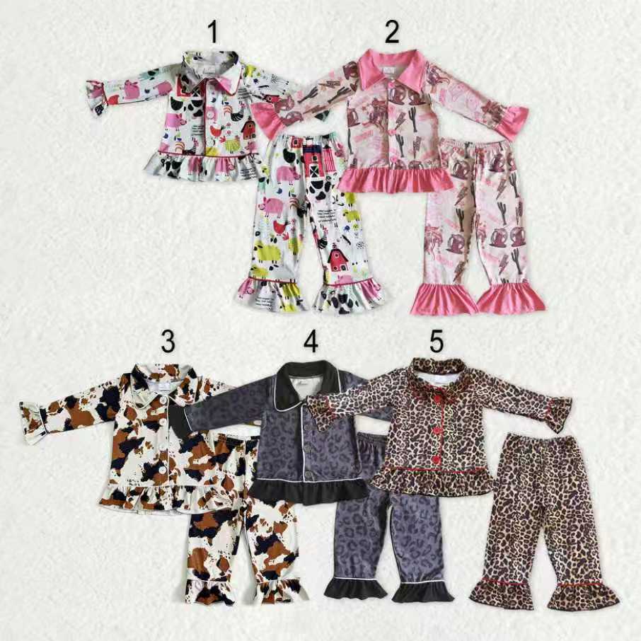 Sibling Baby Girls Western Horses Cows Print Leopard Button Top Ruffle Pants Pajamas Sets