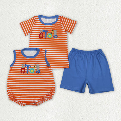 Sibling Baby Boys Embroidery Tools Stripe Top Short Clothes Set Rompers