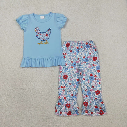 Sibling Baby Girls Embroidery Floral Chick Ruffle Pants Farm Clothes Set Knee Length Dresses