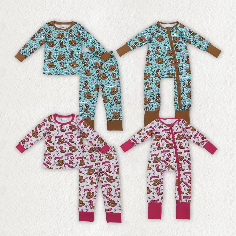 Sibling Baby Boys Girls Hats Bows Western Pants Pajamas Sets Zipper Rompers