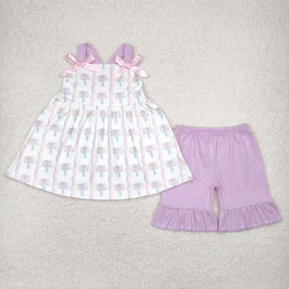 Sibling Baby Girls Lavender Strap Floral Stripe Tunic Ruffle Shorts Sets Rompers