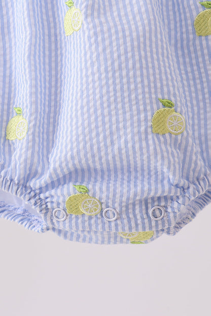Blue stripe seersucker lemon embroidery ruffle bubble