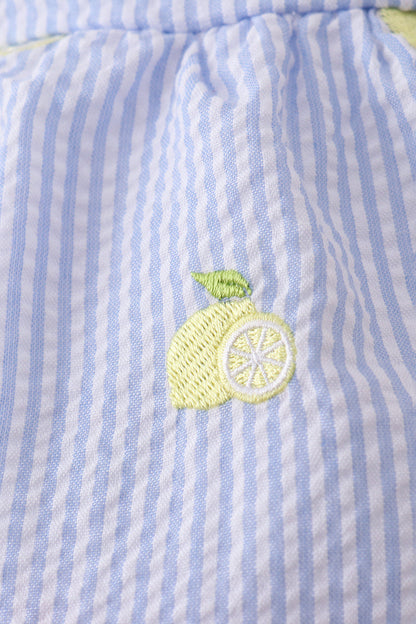 Blue stripe seersucker lemon embroidery ruffle bubble