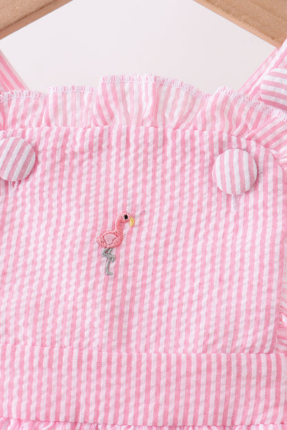 Pink stripe seersucker flamingo embroidery ruffle bubble