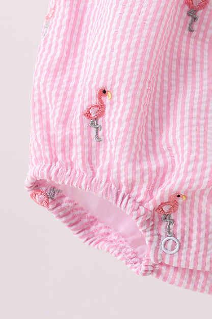 Pink stripe seersucker flamingo embroidery ruffle bubble