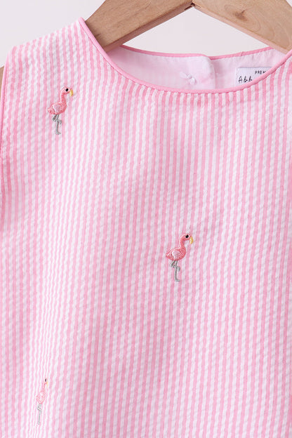 Pink stripe seersucker flamingo embroidery scalloped bloomer set