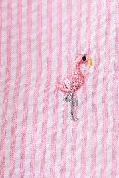Pink stripe seersucker flamingo embroidery scalloped bloomer set
