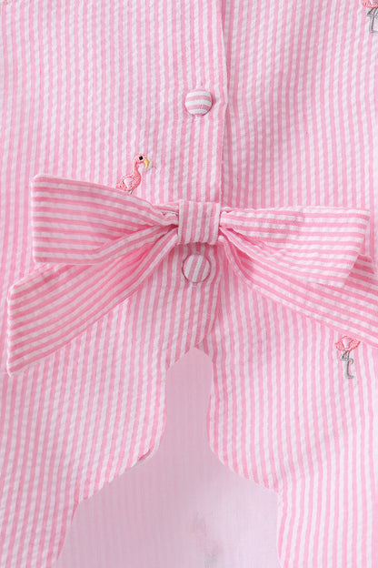 Pink stripe seersucker flamingo embroidery scalloped bloomer set