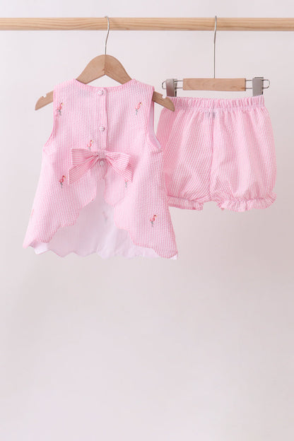 Pink stripe seersucker flamingo embroidery scalloped bloomer set
