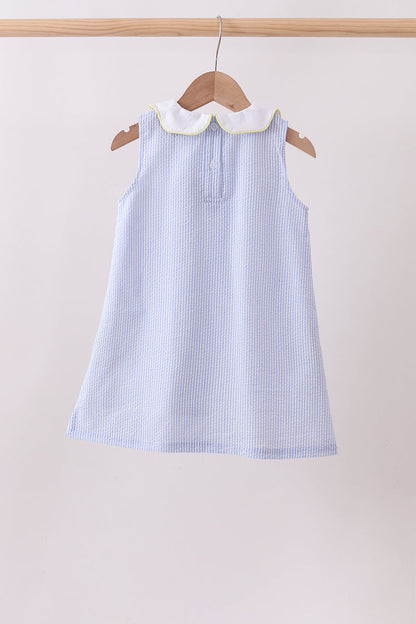 Blue stripe seersucker lemon applique dress