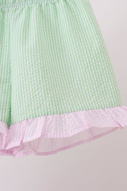 Pink stripe seersucker bow ruffle shorts set