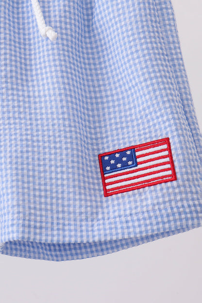 Blue flag embroidery gingham shorts