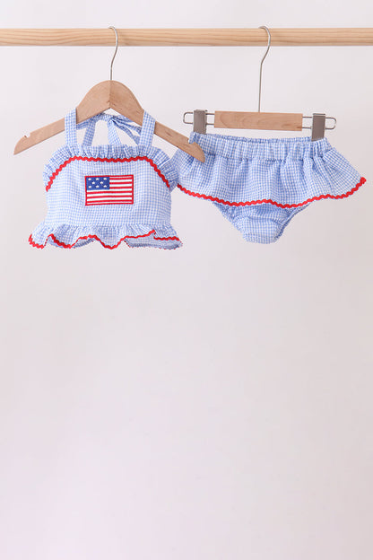 Blue flag applique gingham ruffle 2pc swimsuit