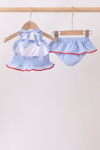 Blue flag applique gingham ruffle 2pc swimsuit