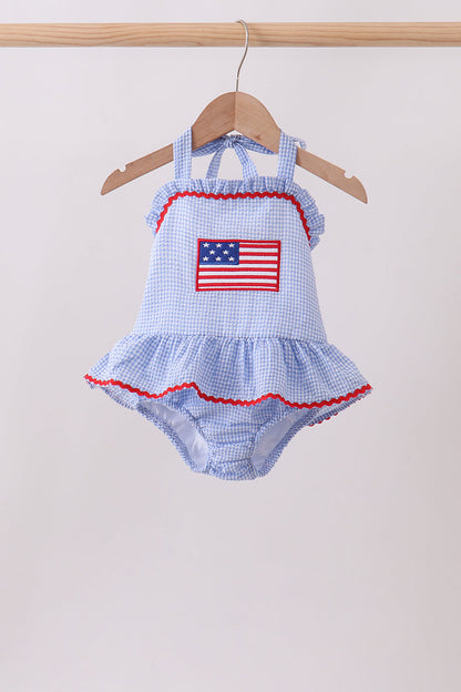 Blue flag applique gingham ruffle one-piece swimsuit