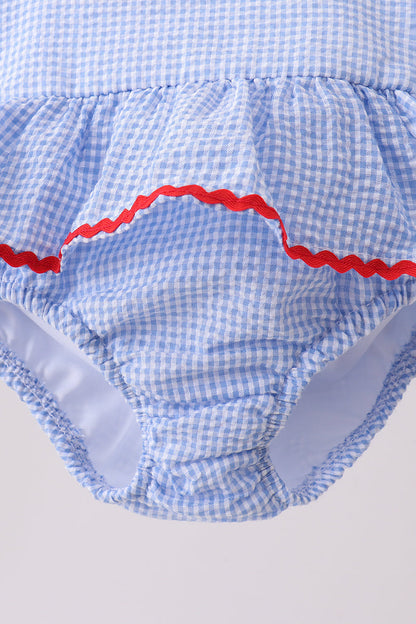 Blue flag applique gingham ruffle one-piece swimsuit