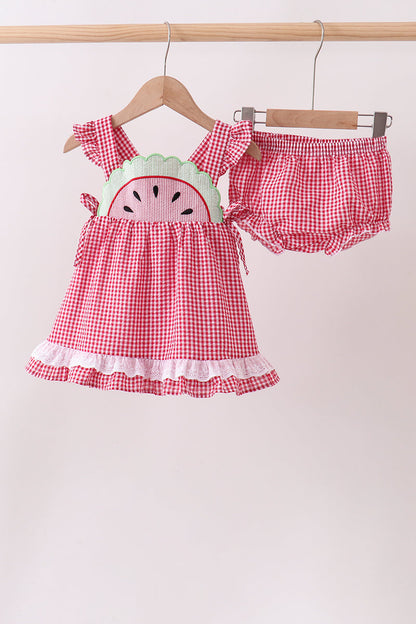 Red watermelon ruffle gingham bloomer set