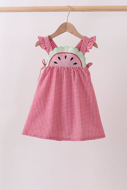 Red watermelon ruffle gingham dress