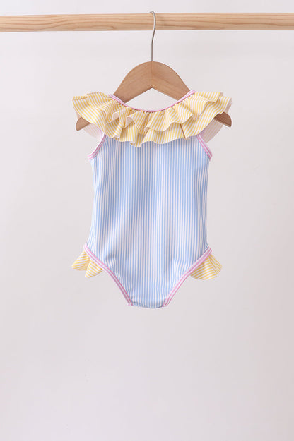 Blue stripe ruffle one-piece swimsuit