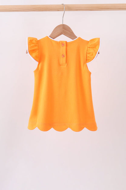 Orange flutter sleeve scalloped top