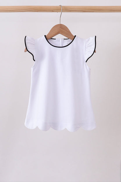 Snow white flutter sleeve scalloped top