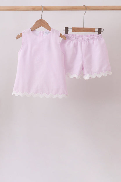Pink Seersucker Stripe Scalloped Shorts Set