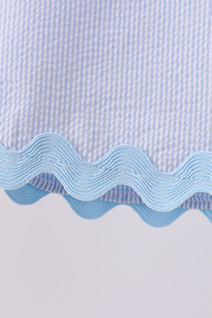 Blue Seersucker Stripe Scalloped Shorts Set