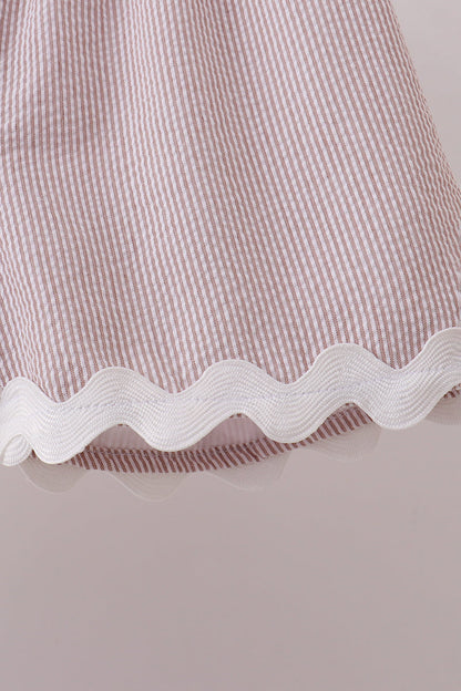 Khaki Seersucker Stripe Scalloped Shorts Set