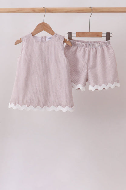 Khaki Seersucker Stripe Scalloped Shorts Set
