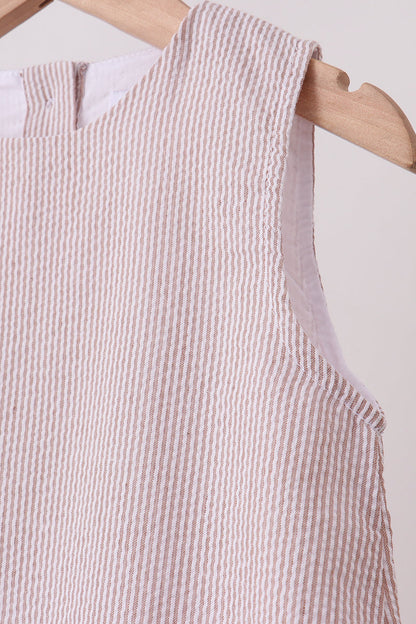 Khaki Seersucker Stripe Scalloped Dress