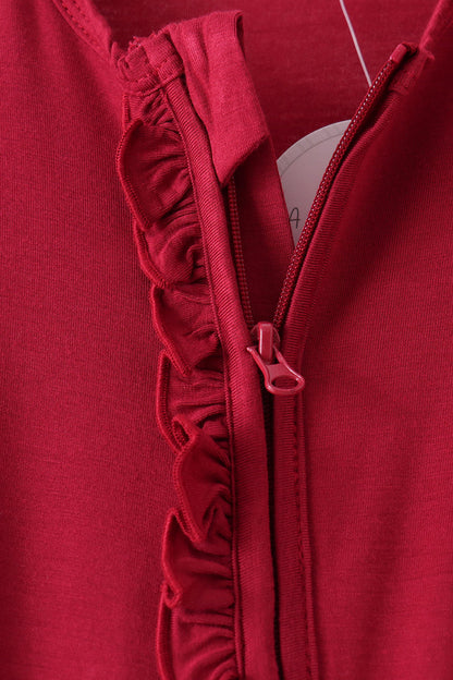 Burgundy ruffle zipper bamboo romper – view 2