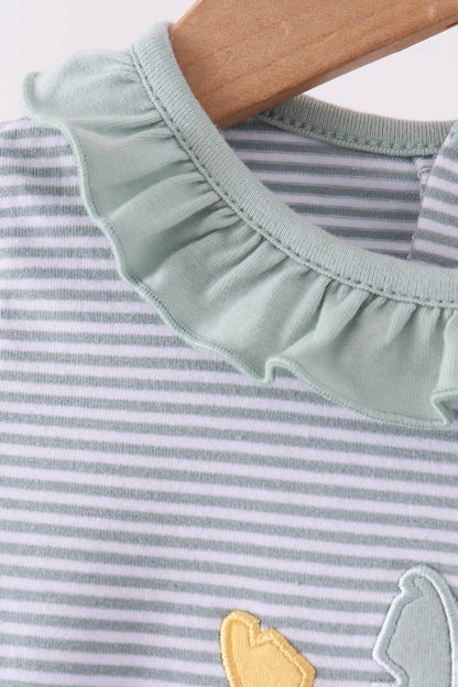 Sage turkey embroidery ruffle stripe romper