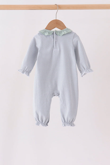 Sage turkey embroidery ruffle stripe romper