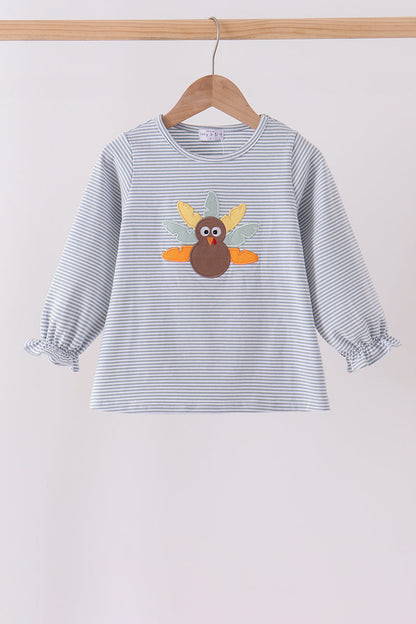Sage turkey embroidery stripe top