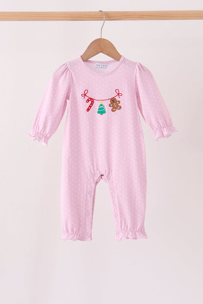 Pink christmas tree gingerbread embroidery romper