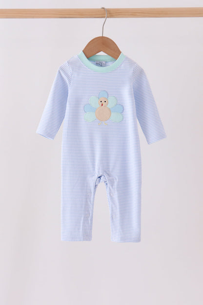 Blue turkey embroidery stripe romper