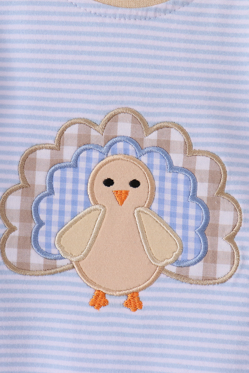 Blue turkey embroidery stripe romper