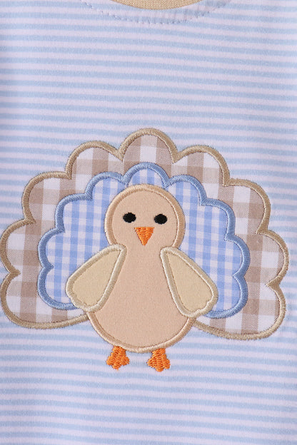 Blue turkey embroidery stripe romper