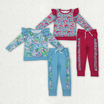 Sibling Baby Girls Watercolor Floral Top Pockets Ruffle Jogger Pants Clothes Sets