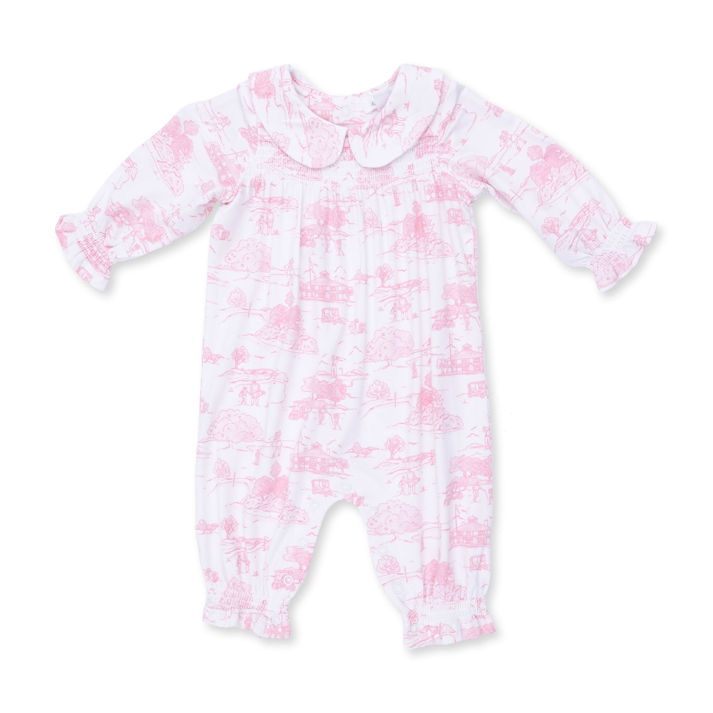 Golf Toile Pink - Smocked Long Sleeve Romper